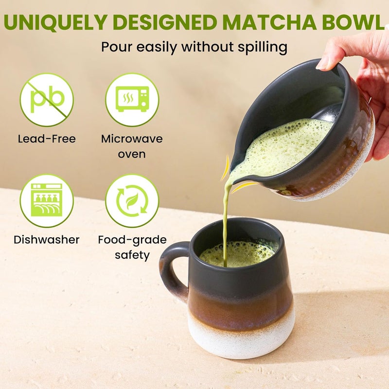 GBBG Matcha Whisk Set, Ceramic Matcha Kit Desert Style, Matcha Whisk and Bowl, Bamboo Scoop and Rest, Sifter and Tea Towel, 7 Pcs Gifts for Matcha Lover - Matte Black - Image 2